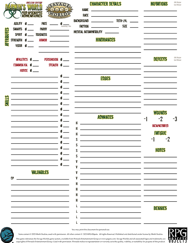 Read more about the article Darwin’s World Nuclear Edition Character Sheet